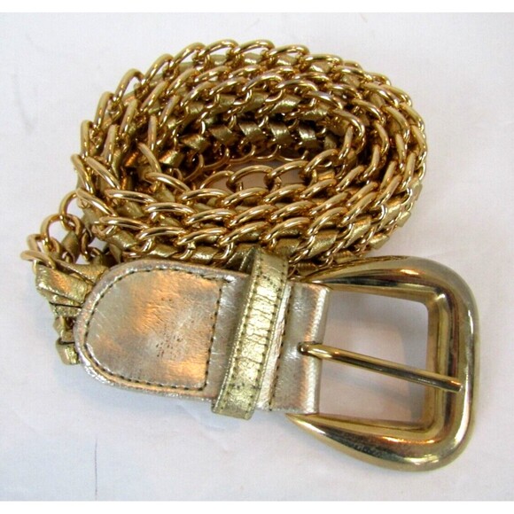 Gold Metal Braided Chain Belt Vintage Leather Connector Womens Size M/L - Picture 2 of 6